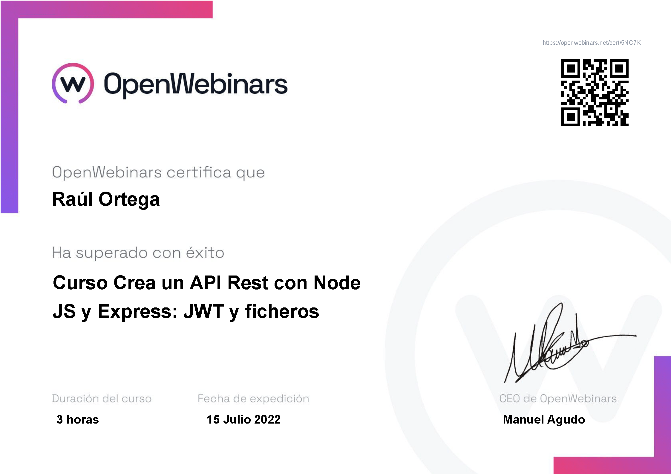 Certificado OpenWebinars API Rest NodeJS y Express: JWT y ficheros