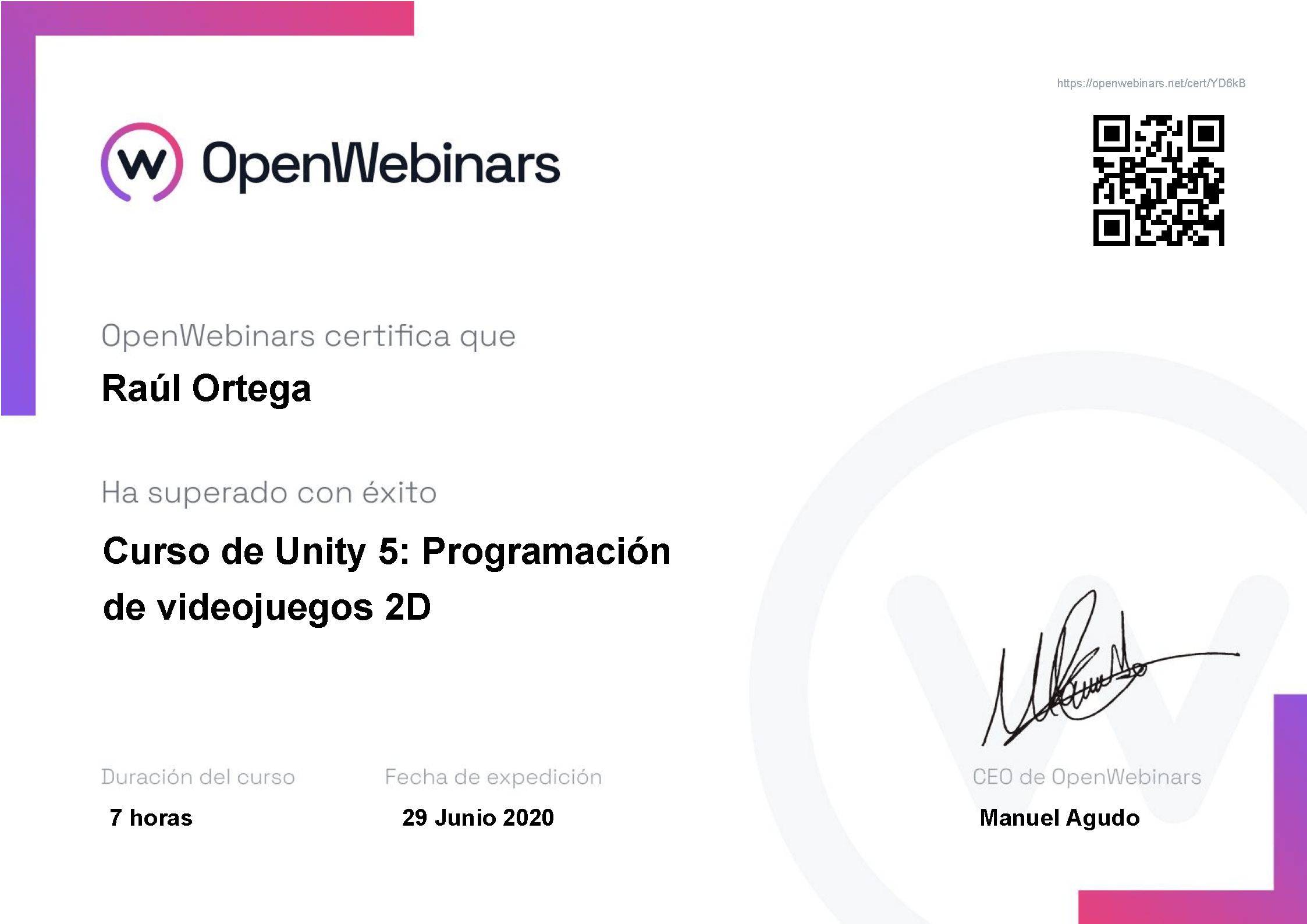 Certificado OpenWebinars Unity 5: Porgramación de videojuegos 2D