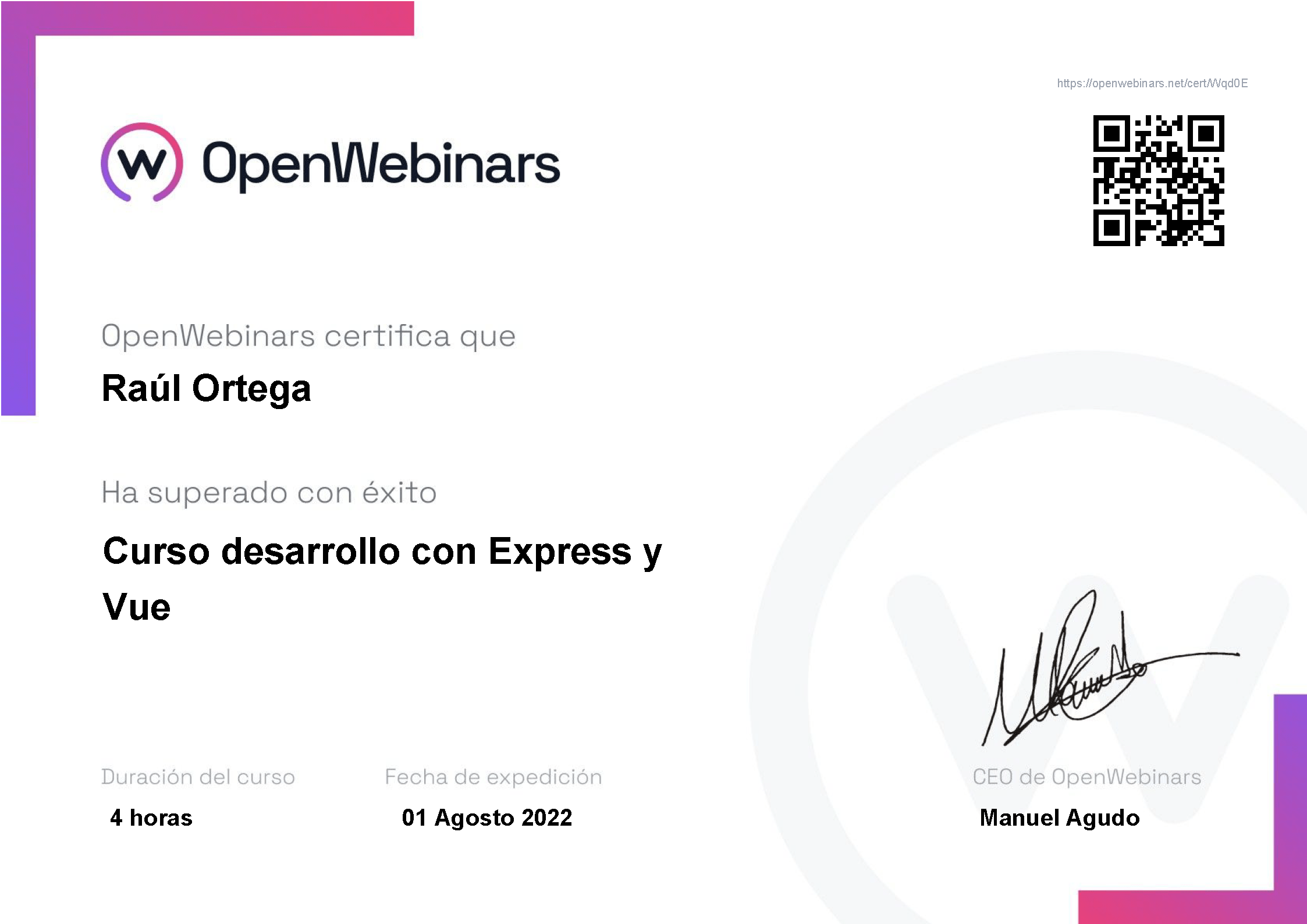 Certificado OpenWebinars Desarrollo con Express y VueJS