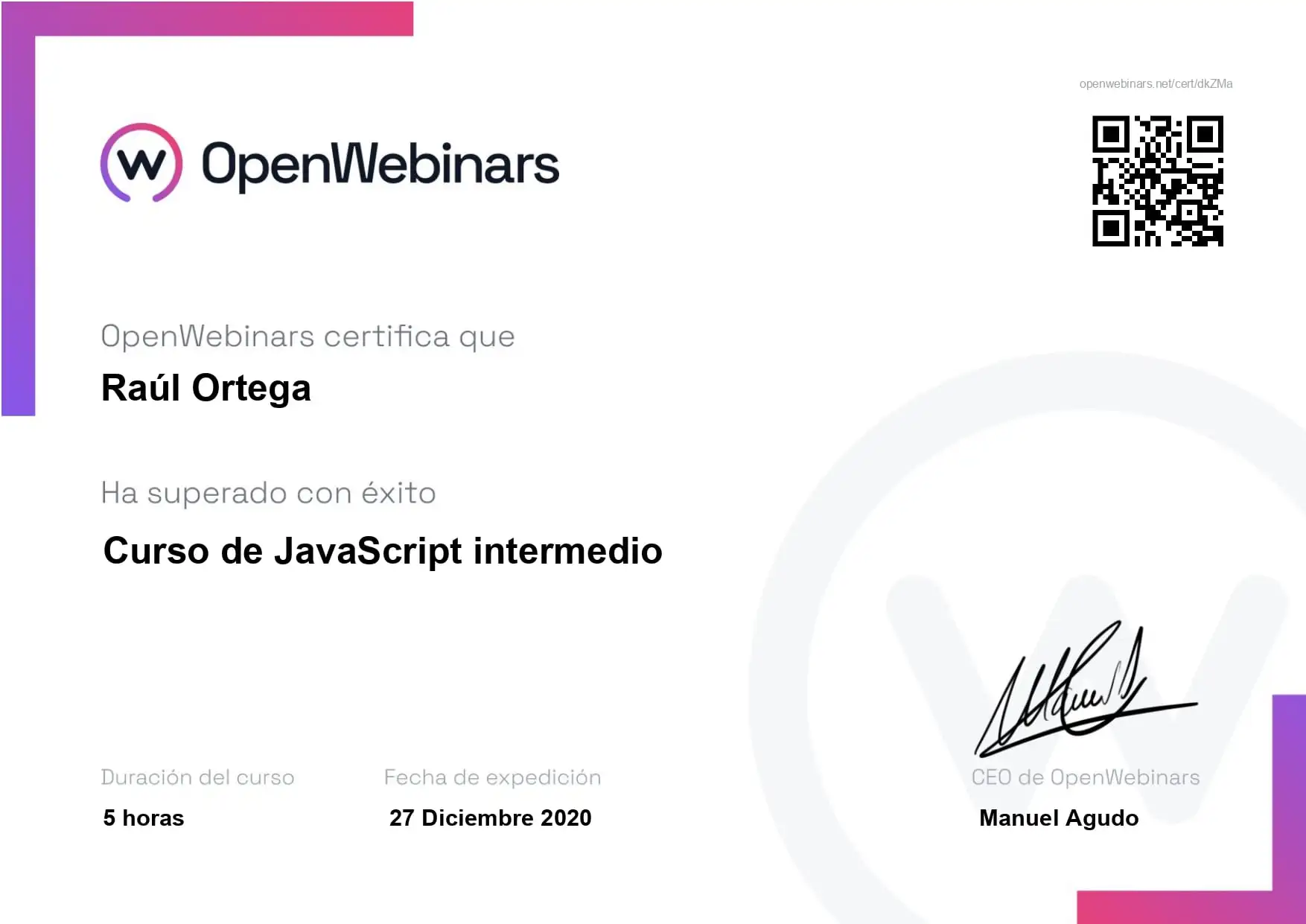 Certificado OpenWebinars JavaScript intermedio