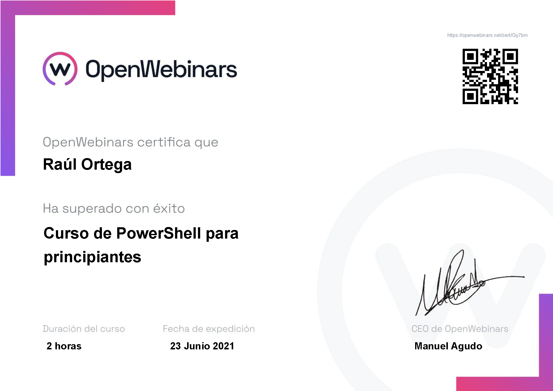 Certificado OpenWebinars PowerShell para principiantes