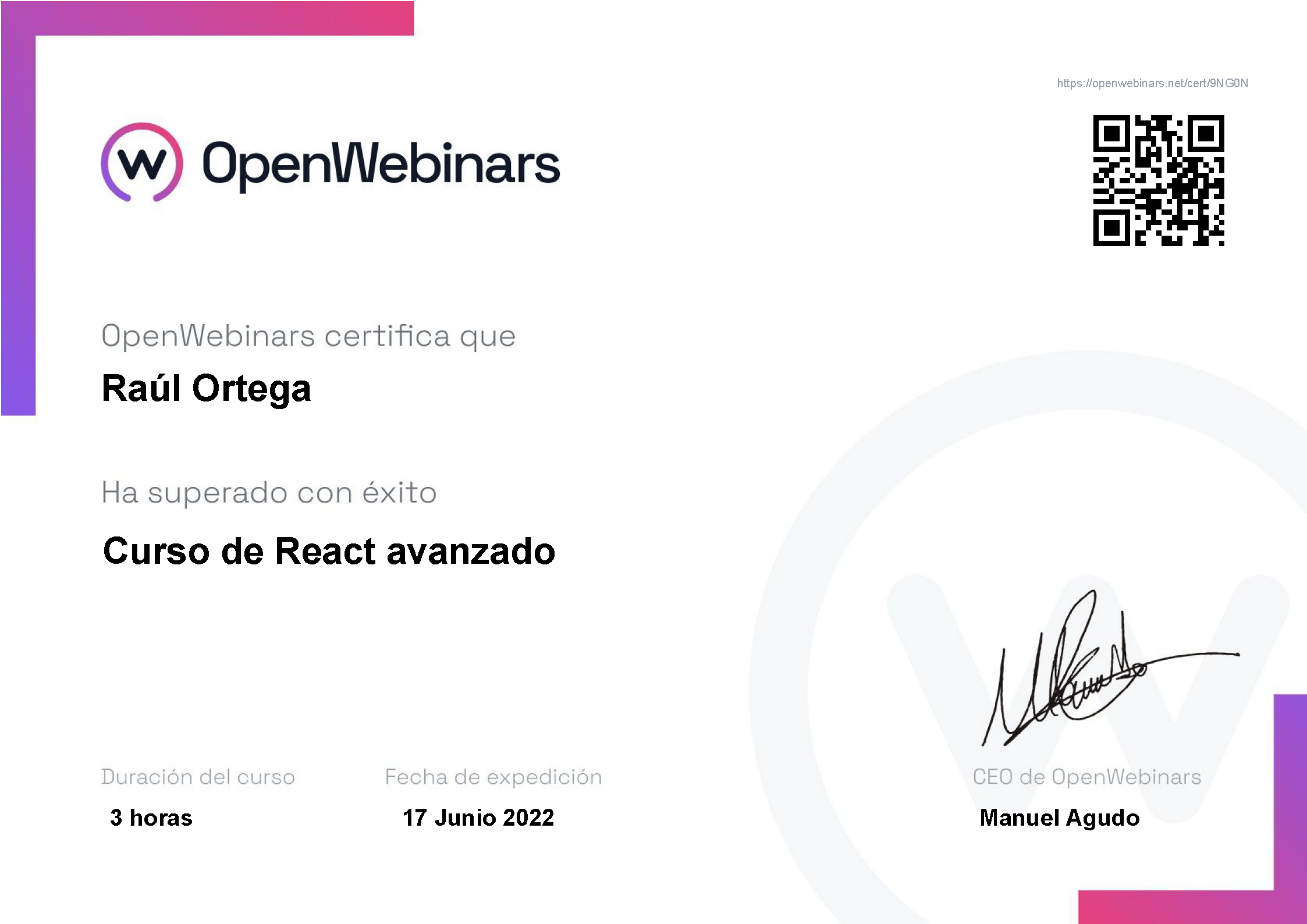 Certificado OpenWebinars React avanzado