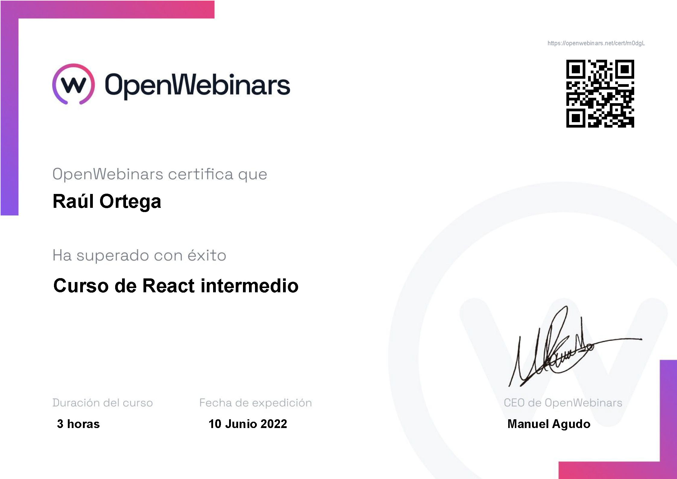 Certificado OpenWebinars React intermedio