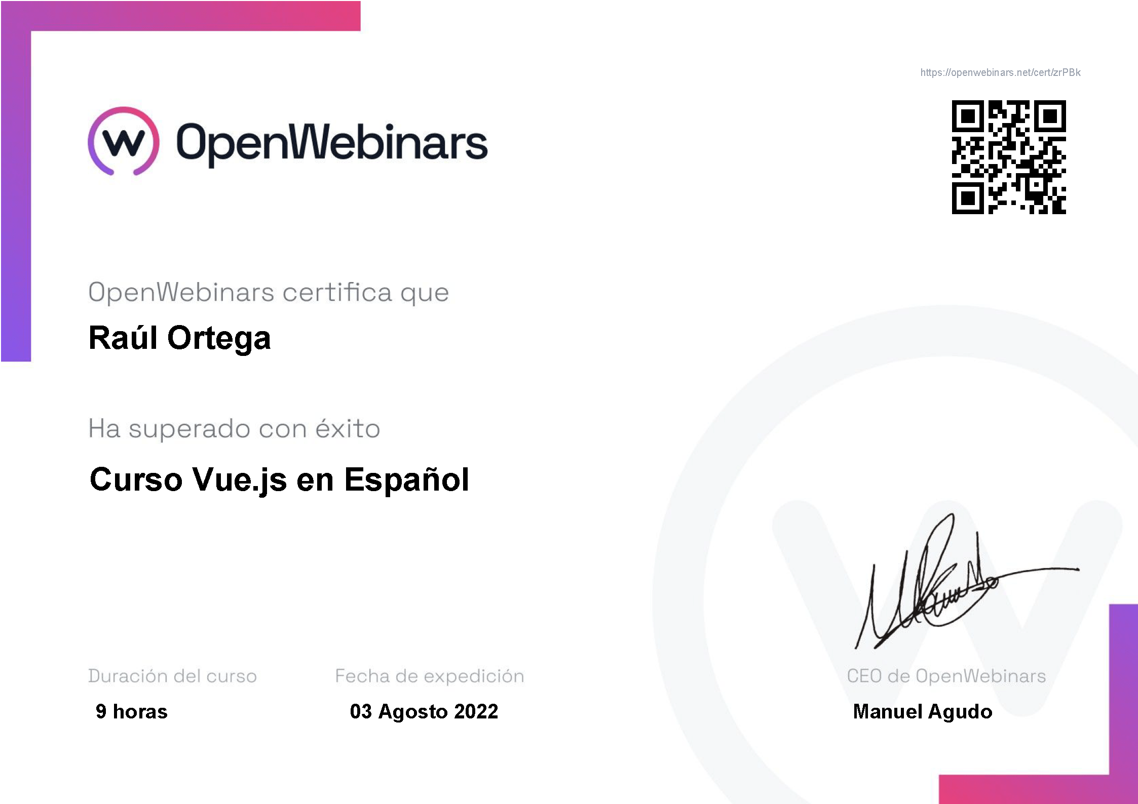 Certificado OpenWebinars VueJS