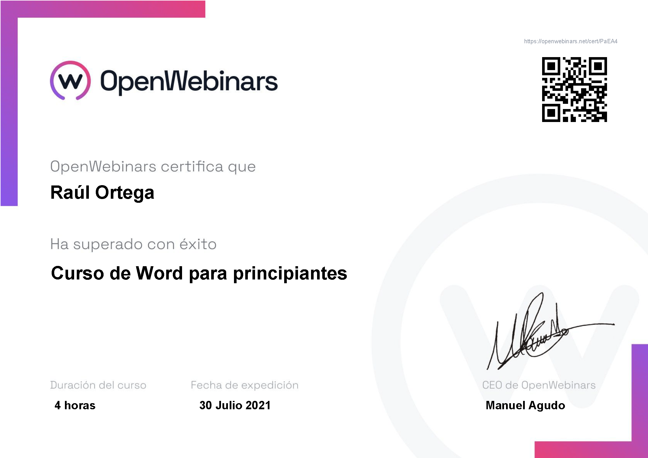 Certificado OpenWebinars Word para principiantes