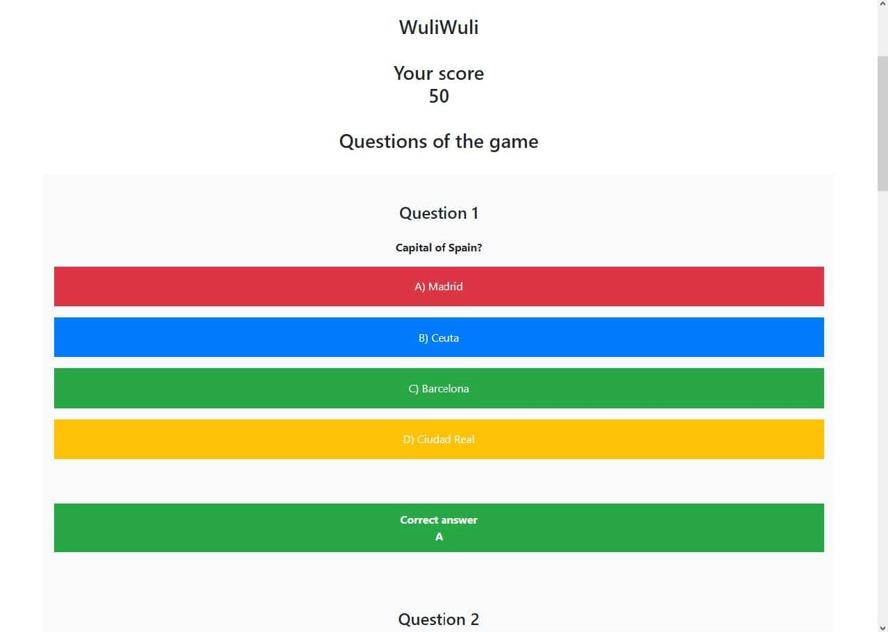 Página del resultado del juego quiz